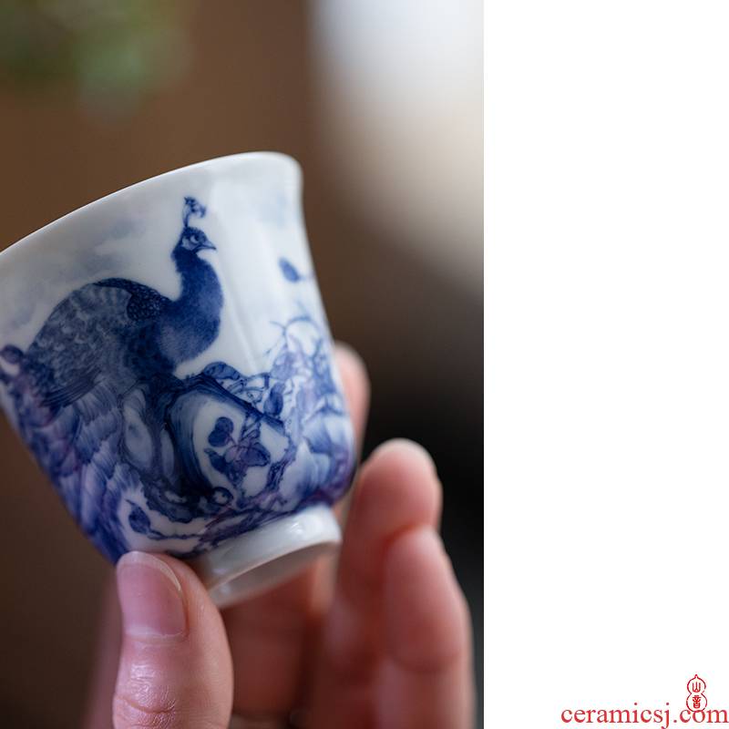 Art home benevolence blue peacock cup of jingdezhen ceramic hand - made kung fu tea cups sample tea cup