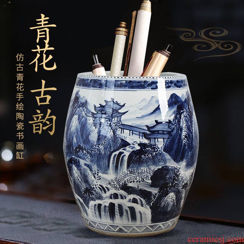 Jingdezhen ceramic painting and calligraphy cylinder hand - made of blue and white porcelain antique calligraphy and painting porcelain painting cylinder tube to receive a large scroll cylinder study