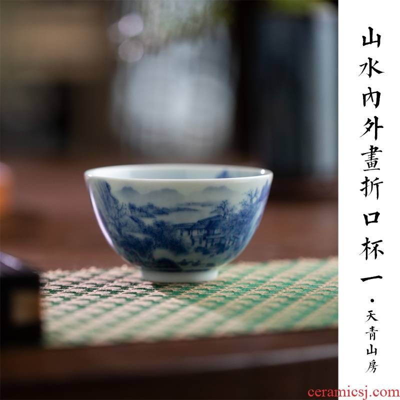Day landscape green room inside and outside made blue and white hand - made master kung fu tea cup bowl of jingdezhen ceramic tea set