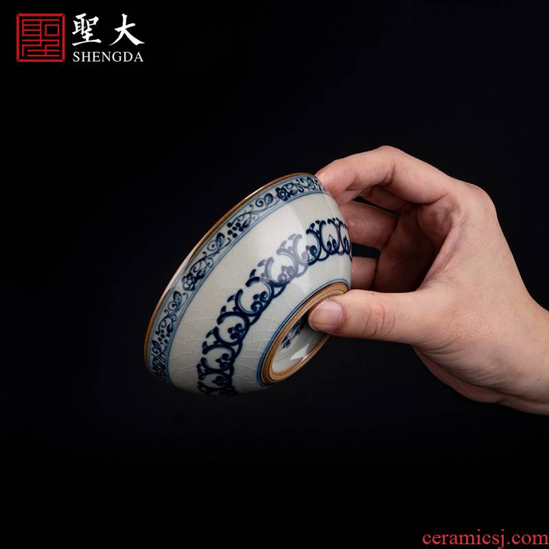 The blue and white in book seven big old clay ceramic bowl tea tea poem, jingdezhen pure manual hand - made kung fu tea cups