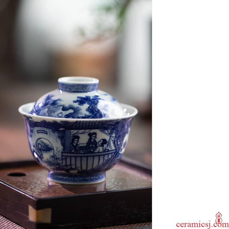 Jingdezhen blue and white, the story of western garden arborist benevolence tureen pure manual tureen tea bowl bowl two tureen