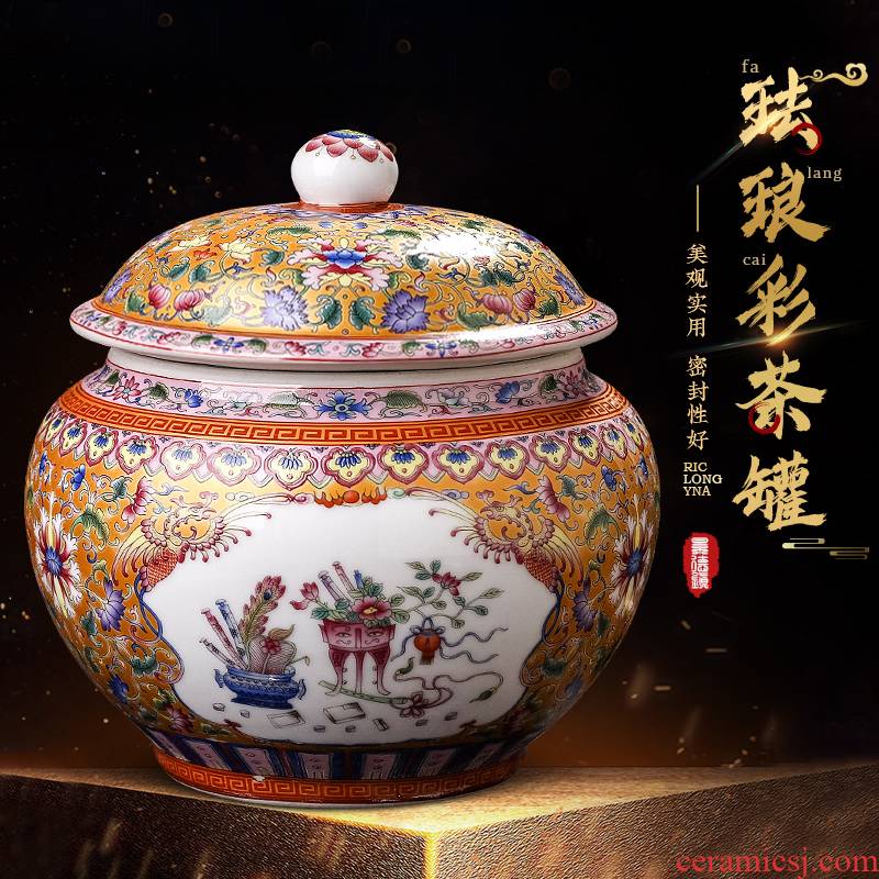 Jingdezhen ceramic antique colored enamel caddy fixings half jins of household puer tea tea and tea with cover seal storage tank