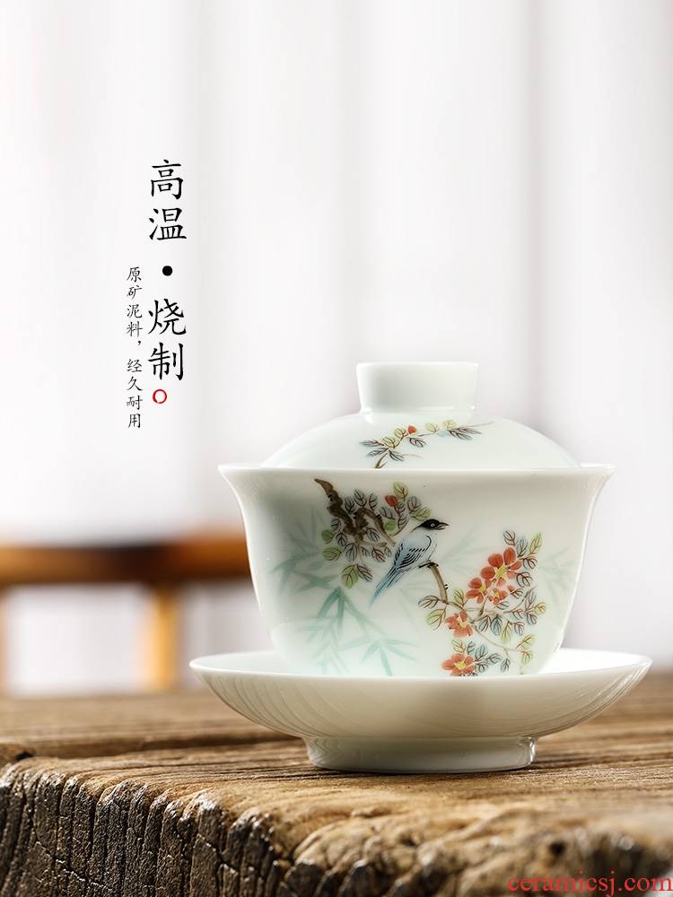 Pure manual only three tureen Chinese jingdezhen hand - made painting of flowers and white porcelain tea bowl kung fu tea set a single tea lady