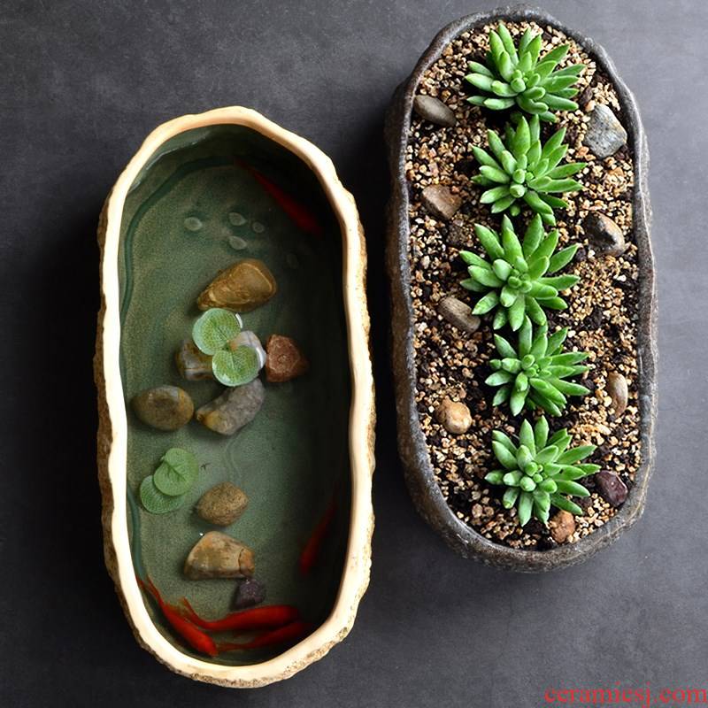 Old small desktop creative micro landscape ecological landscape stone square ceramic basin of water lily imitation stone, fish tank sitting room