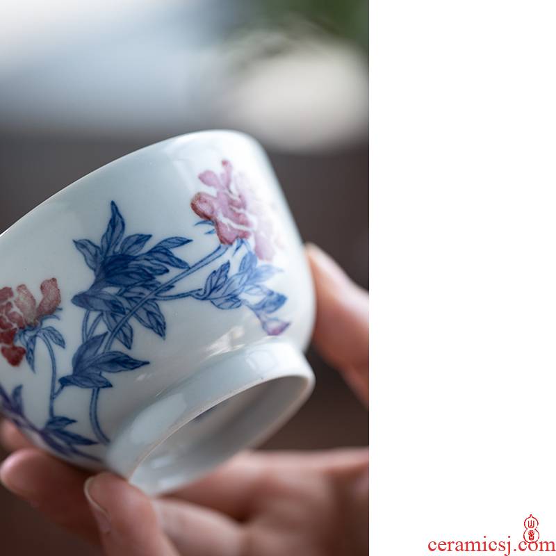 Qin Qiuyan jingdezhen blue and white youligong peony flower cup checking ceramic cups masters cup kung fu tea set