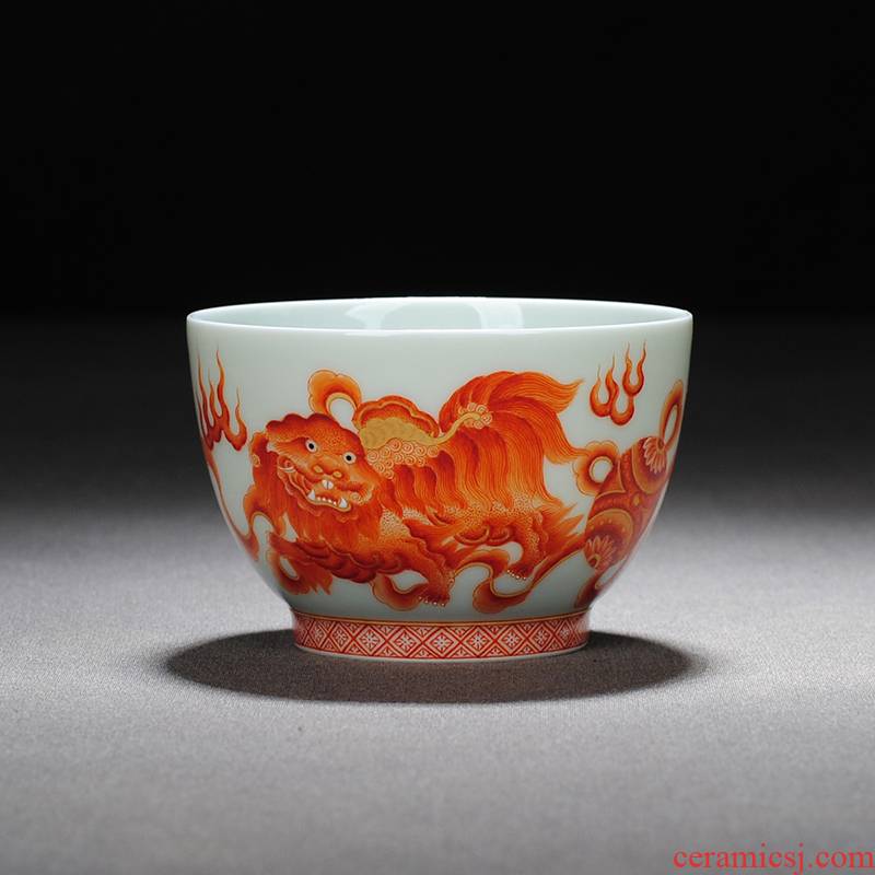 【 7.5 】 jingdezhen pure manual hand - made heavy industry alum red lion master sample tea cup