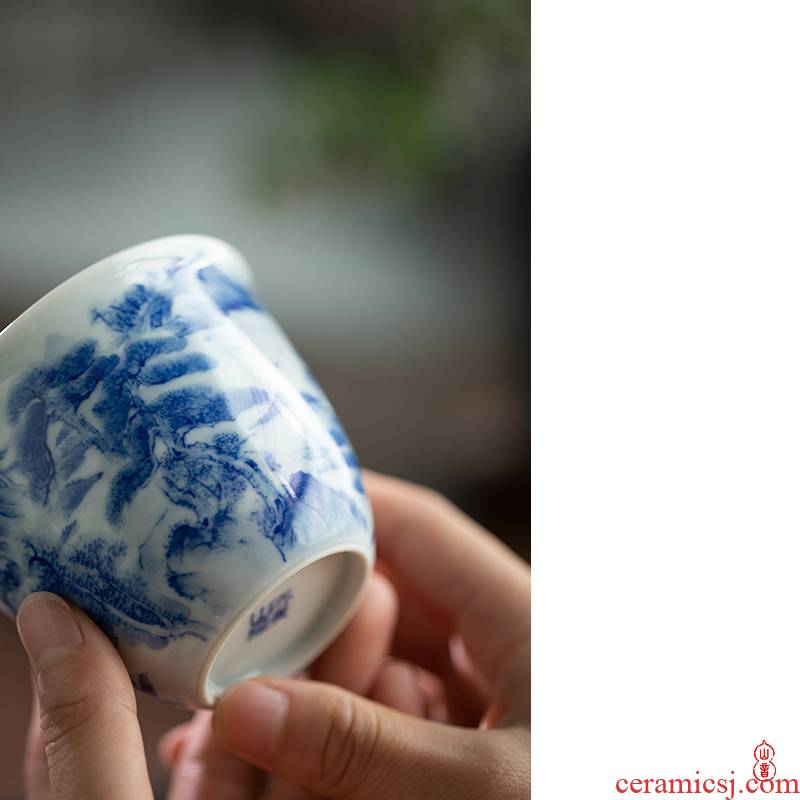 Blue and white pavilion day green room Gao Shanyuan cup of jingdezhen ceramic hand - made kung fu tea cup single CPU