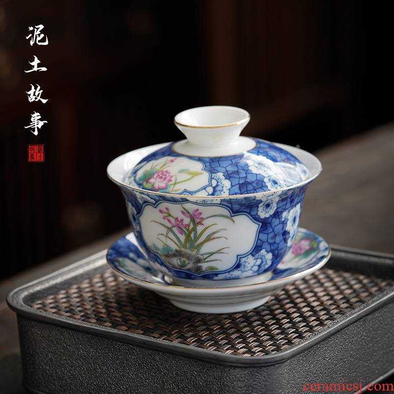 Jingdezhen blue and white only three tureen hand - made kung fu tea set a single ceramic cup bowl is not hot