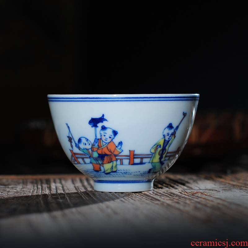 The Owl up doucai bucket color boy make spring cup of jingdezhen hand - made kung fu tea cup single CPU master sample tea cup