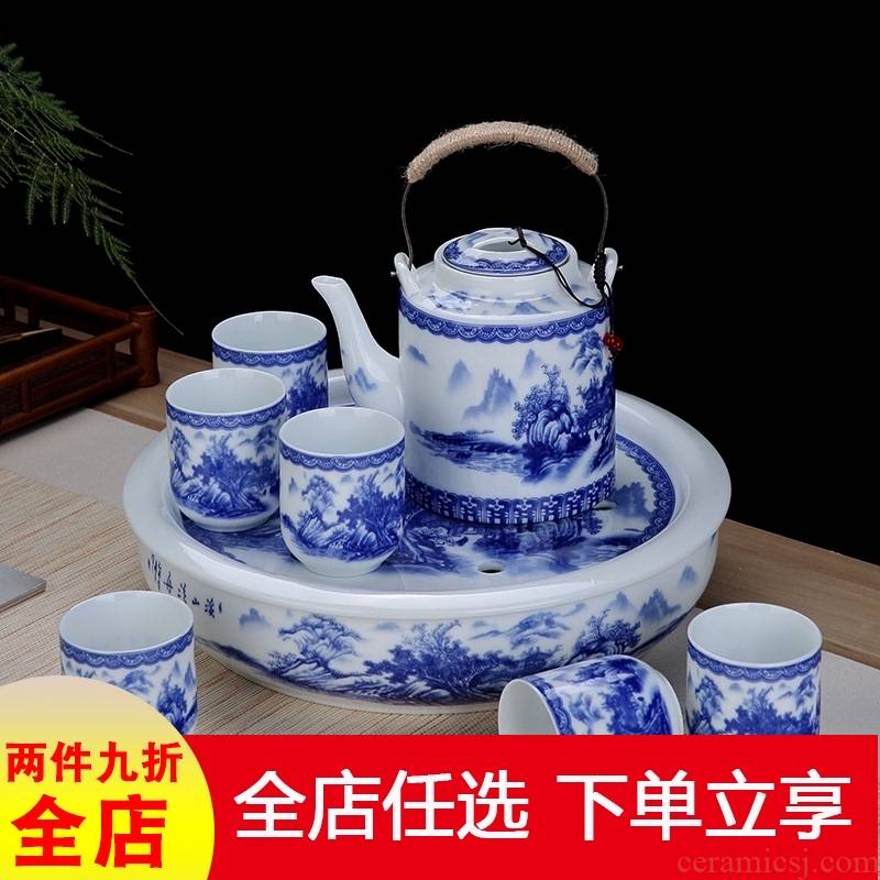 Jingdezhen ceramic tea set suit household of Chinese style restoring ancient ways girder teapot cool kettle set of tea cups with tea tray