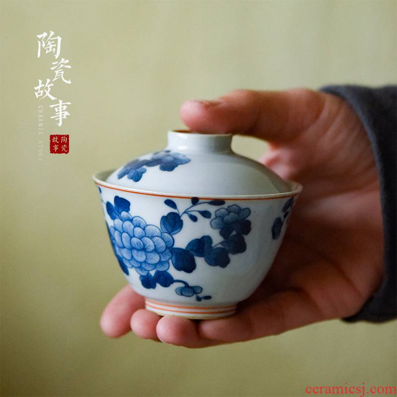 High - end checking hand - made ceramic story town tureen three blue and white peony tureen single small tureen