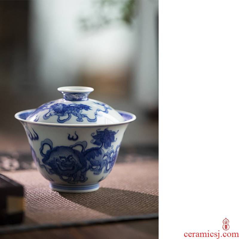 Day green room only three lion two tureen jingdezhen high temperature ceramic tureen tea bowl of blue and white porcelain bowl