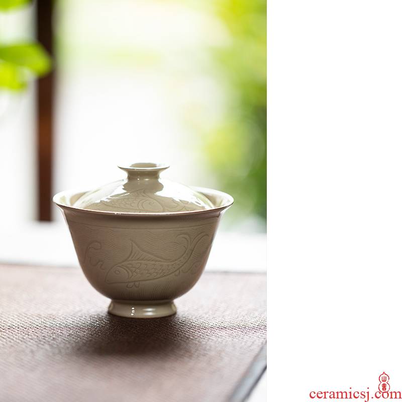 Sprawling up with seawater fish grain tureen jingdezhen ceramic high - end 2 to make tea tureen single bowl bowl