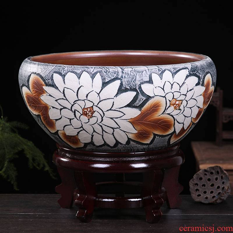 High temperature ceramic cylinder lotus carving a goldfish bowl leaf lotus birdbath household tortoise cylinder contracted decoration of home stay facility