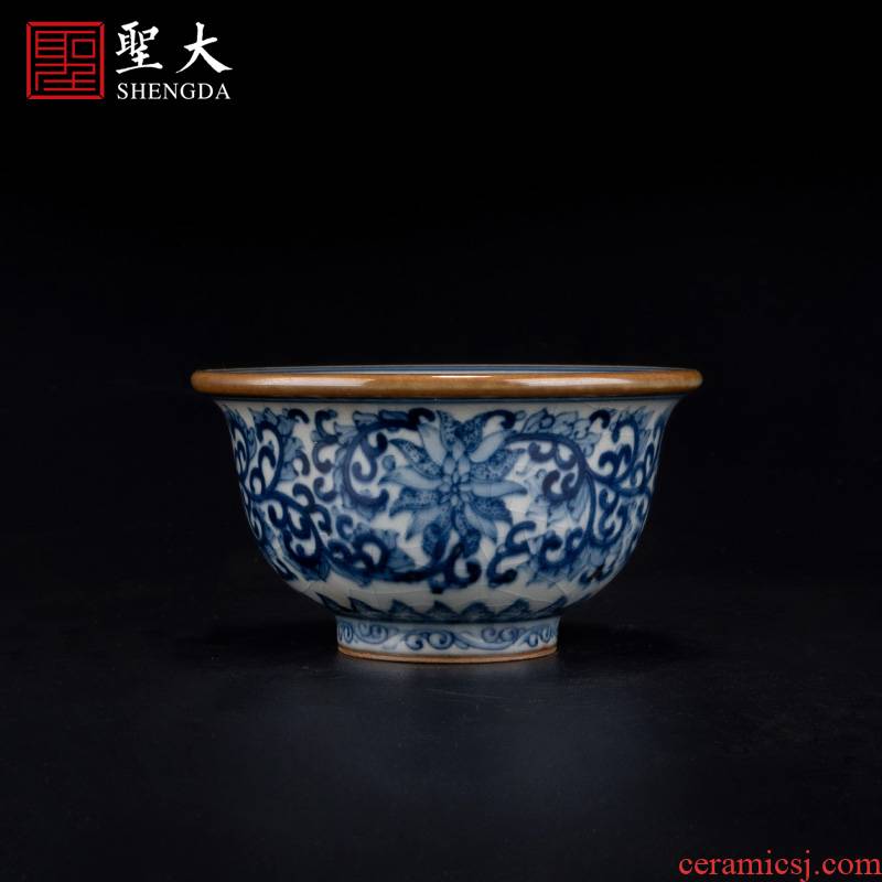 The big old clay ceramic grain master cup of jingdezhen blue and white tie up branch treasure phase pure manual hand - made kung fu tea cups