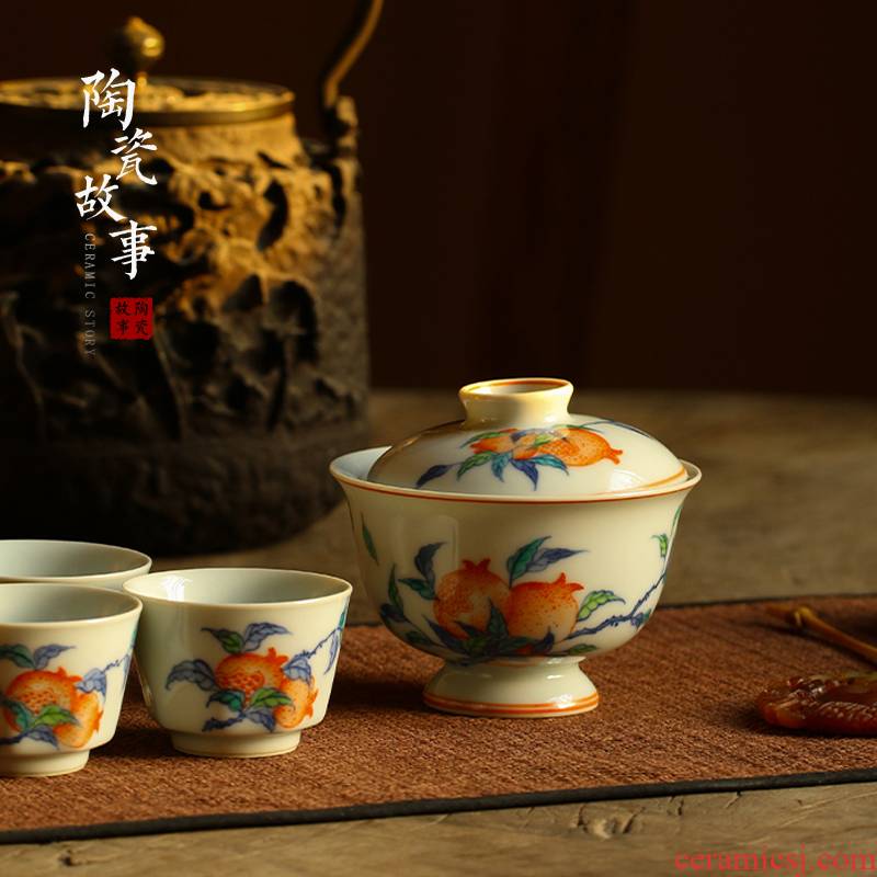 High - end checking hand - made ceramic story town tureen three blue and white color bucket pomegranate best tureen tureen
