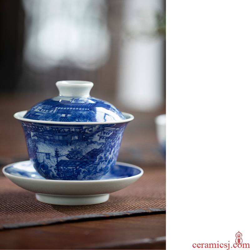 Lin Yin jingdezhen blue and white hand draw qingming painting only three tureen checking ceramic high - end tureen tea bowl