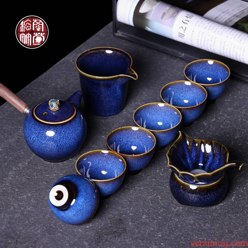 Ceramic kung fu tea tea sitting room a small set of gift giving Chinese variable blue TuHao cup side box set the pot