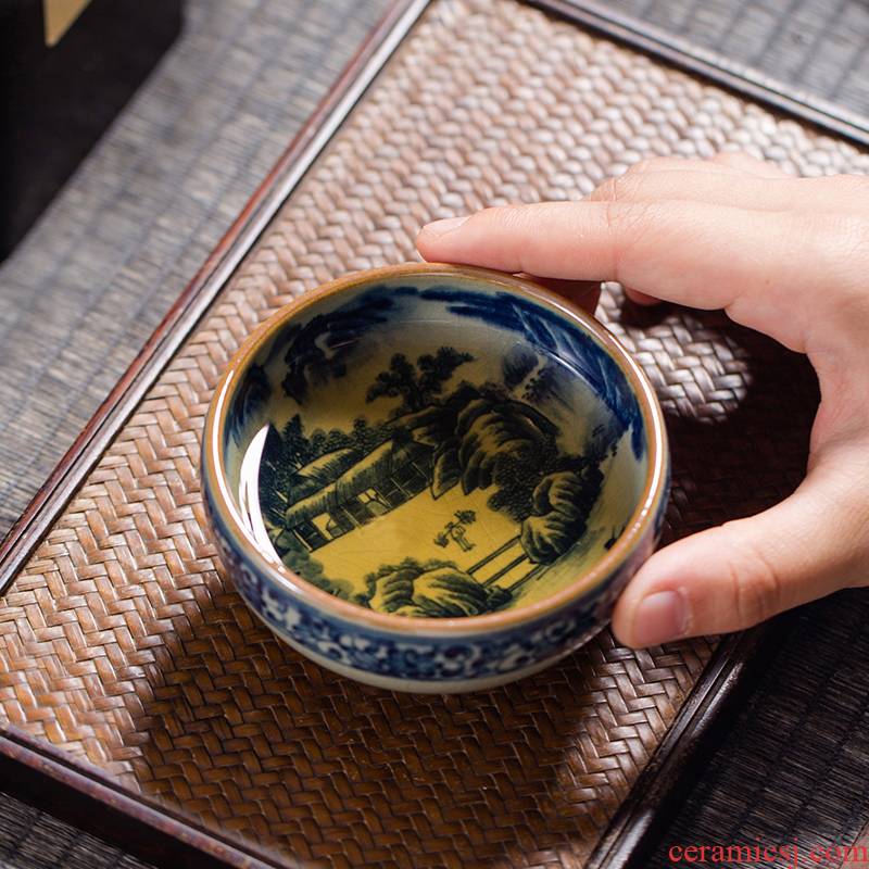 Owl up clay open piece of blue and white landscape maintain glaze cup the draw master cup single CPU manually lohan pu - erh tea cup