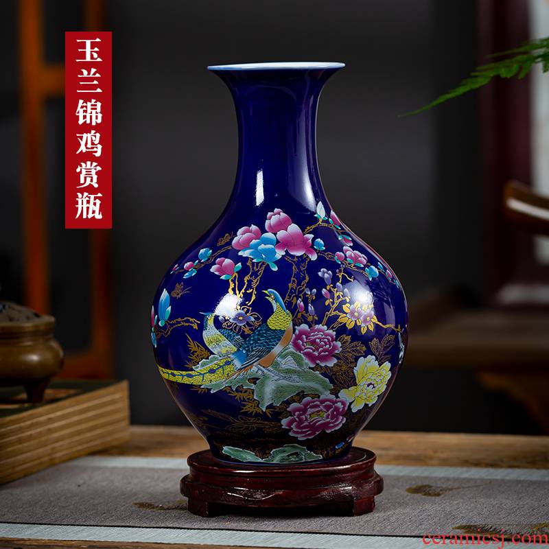 Jingdezhen ceramics golden pheasant blue small vases, flower arranging place, Chinese style household living room TV cabinet decoration