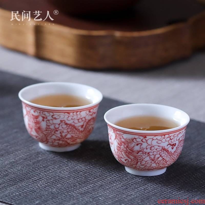 Jingdezhen ceramic sample tea cup hand - made youligong red dragon grain small koubei single CPU guest cup kung fu tea set domestic cups