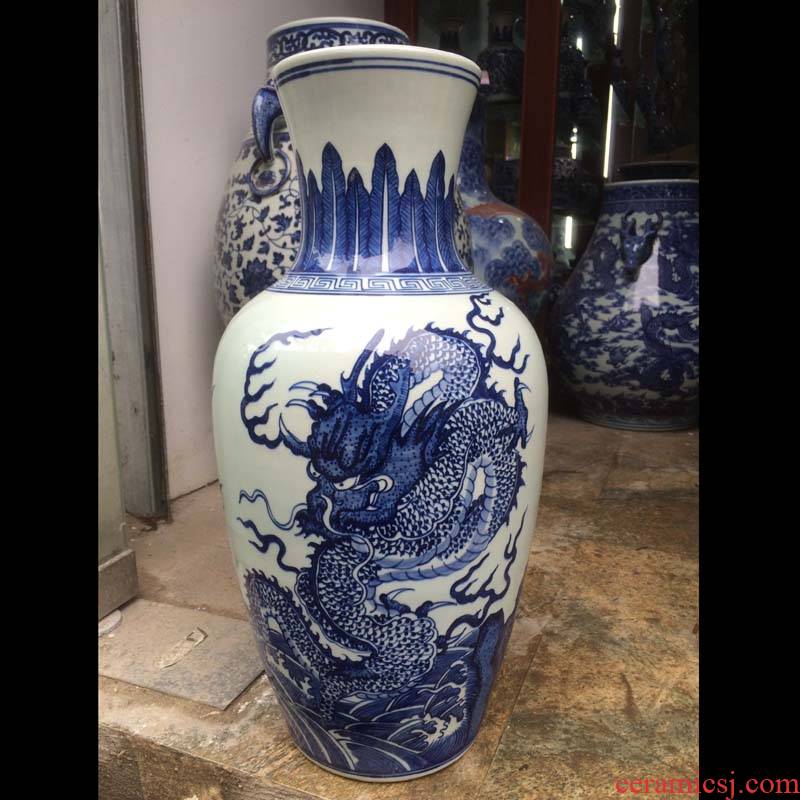 Jingdezhen imitation of the qing 38 cm high blue and white dragon ground decoration hand - made ceramic flower bottle furnishing articles exposure vase