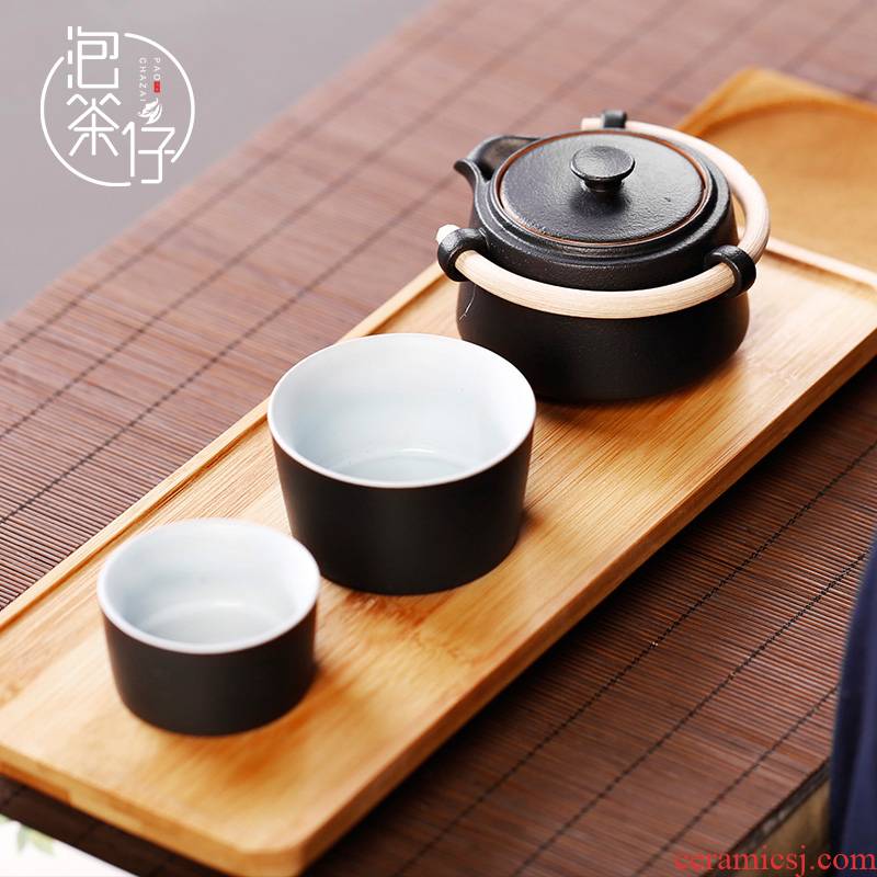 Japanese kunfu tea, black pottery a pot of tea cup crack cup two people is suing travel tea set ceramic with portable bag