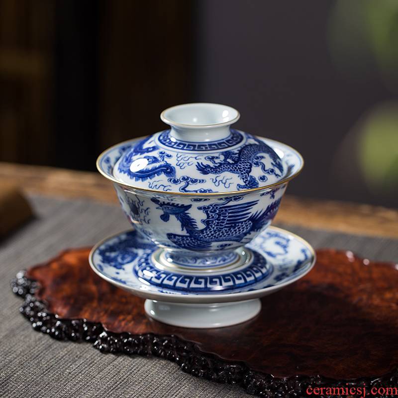 Owl up all hand blue - and - white porcelain covered bowl bowl painting of hand - made of longfeng pattern wind palace tea cups