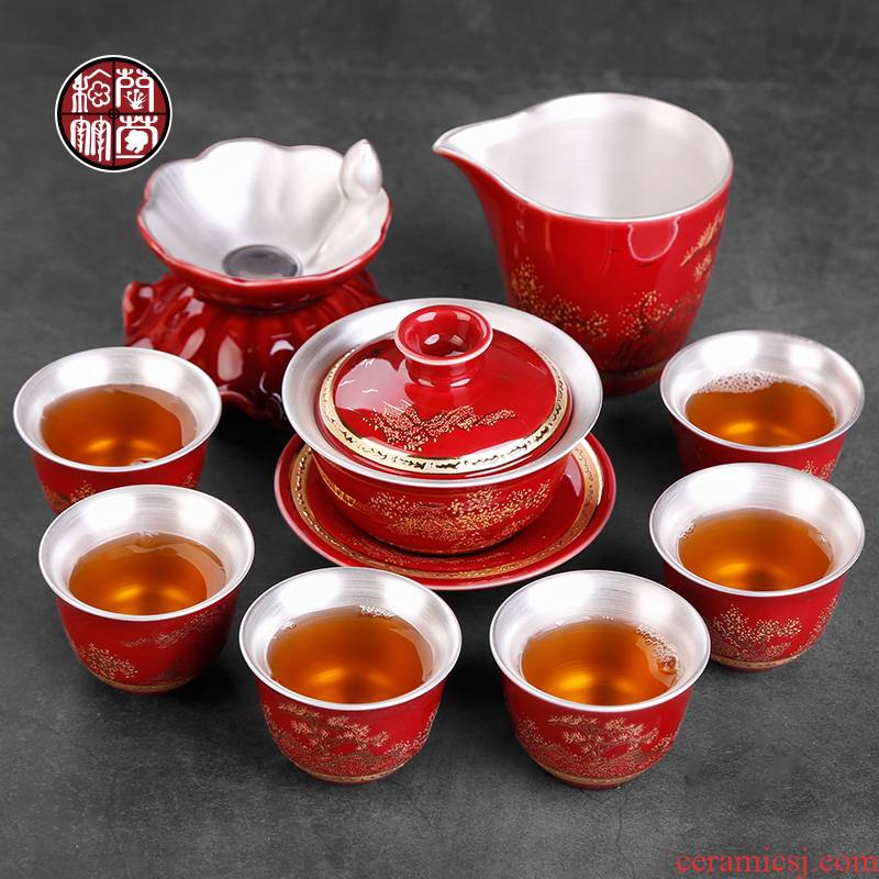 Sterling silver kung fu tea set ji red glaze jingdezhen ceramic coppering. As the silver 6 tureen tea cups suit only domestic marriage
