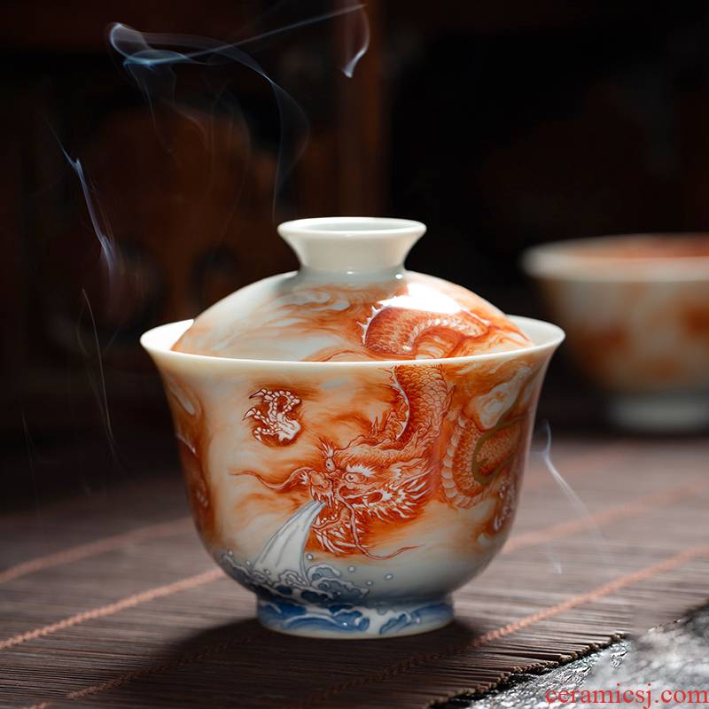 Macro sets hin hand alum red sea water dragon tureen tea two ceramic tea tea bowl points cover cup kung fu tea taking
