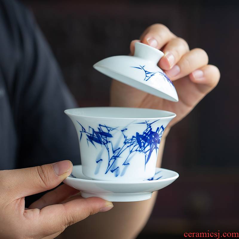 Jingdezhen blue and white only three tureen hand - made white porcelain tea cups kung fu single kung fu tea set