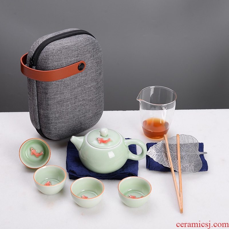 Japanese travel tea set is suing portable package crack cup celadon carp kung fu tea tureen ordering