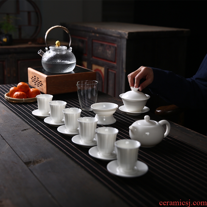 Jingdezhen kung fu tea set suit household contracted style suet jade white porcelain cups tureen ceramic teapot