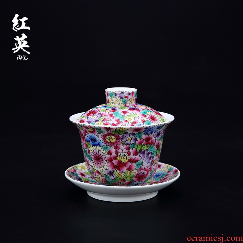 Red the jingdezhen ceramic colored enamel than hand - made kung fu tea set tea bowl three tureen tea cups