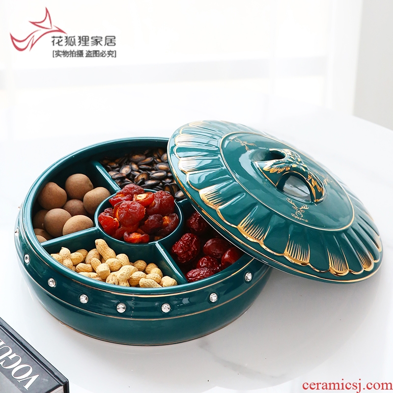 European - style key-2 luxury light green home sitting room pure glaze ceramic glaze compote dry fruit tray frame with cover candy box snack plate