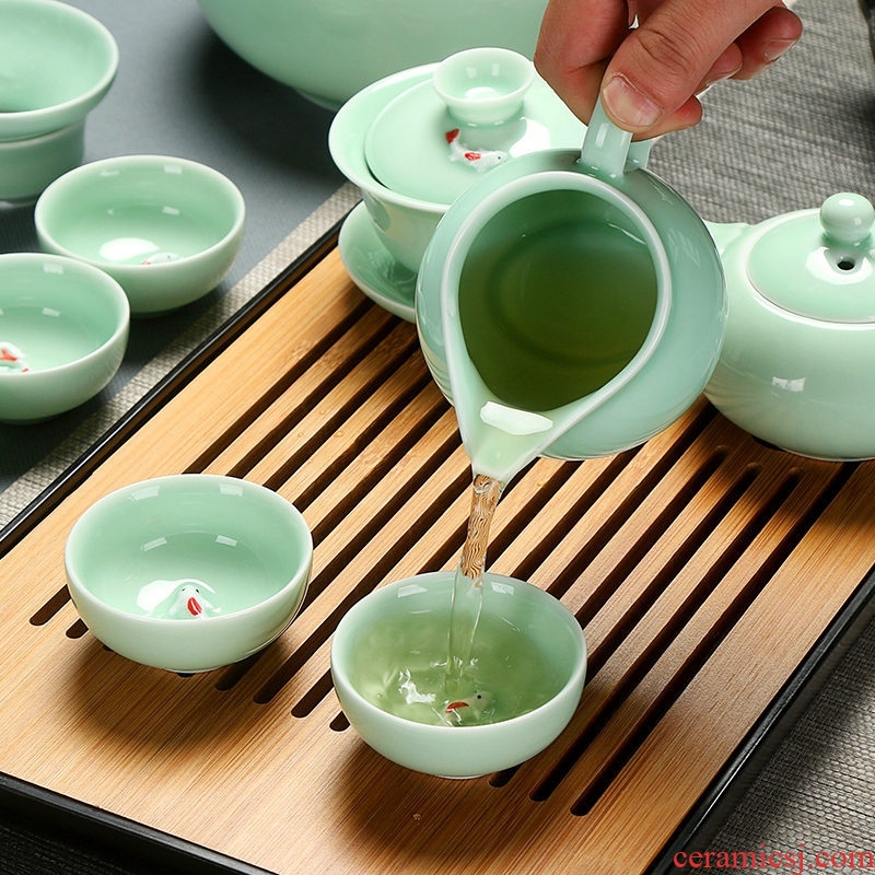 Celadon kung fu tea set home office ceramic carp tureen tea to wash the teapot tea tray cups of a complete set of combination