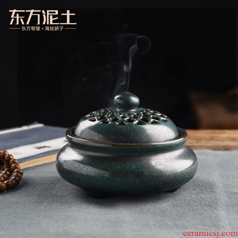 Oriental antique incense buner household indoor soil TanPan fragrant aroma stove lotus pattern variable glaze ceramic art