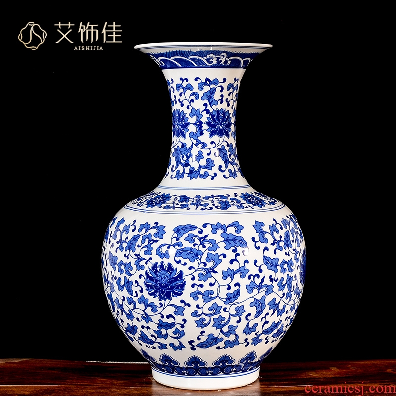Jingdezhen blue and white tie up branch lotus flower arranging archaize ceramic vases, new Chinese style living room TV cabinet porch floor furnishing articles