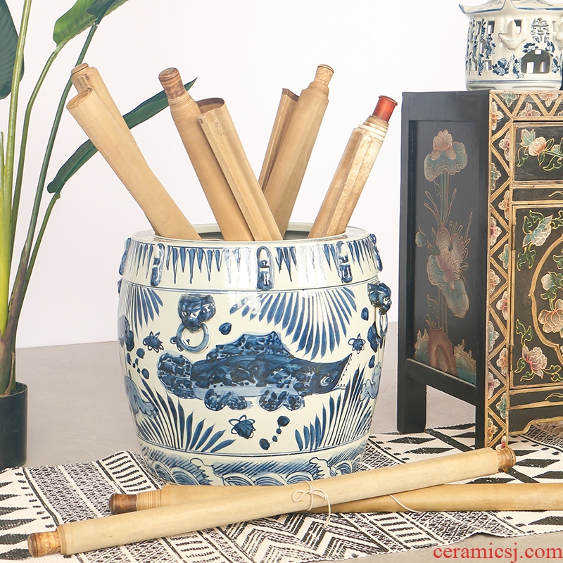 Jingdezhen blue and white porcelain hand - made the sitting room porch ground study Chinese antique calligraphy and painting cylinder art big furnishing articles
