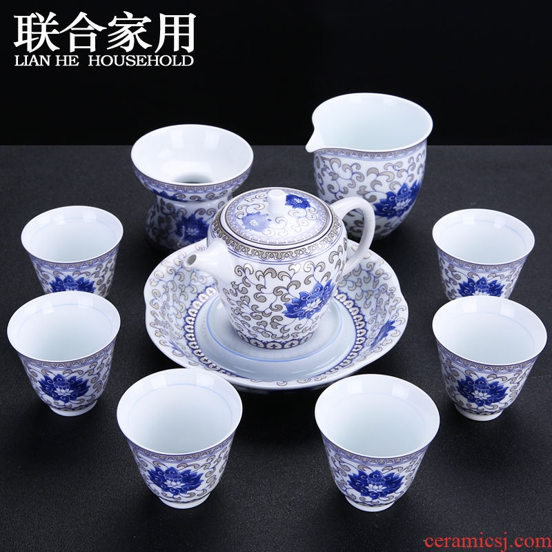 Simple blue and white porcelain tea set the whole household teapot tea tureen jingdezhen ceramic cups kung fu