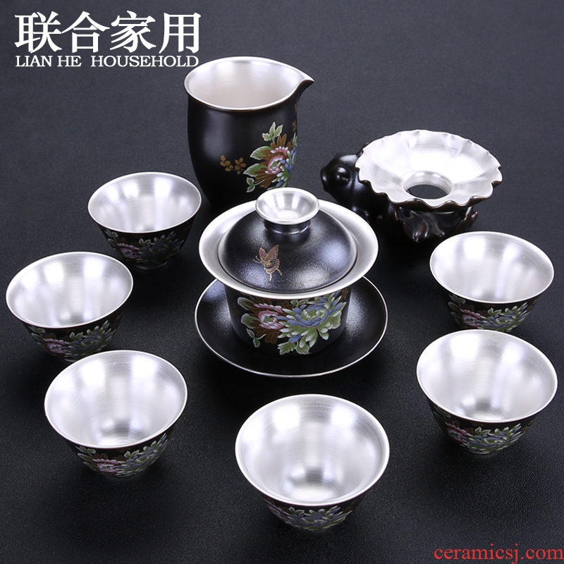 Combined with jingdezhen ceramic tea set tea tasted 999 sterling silver gilding kung fu tea cup of a complete set of office