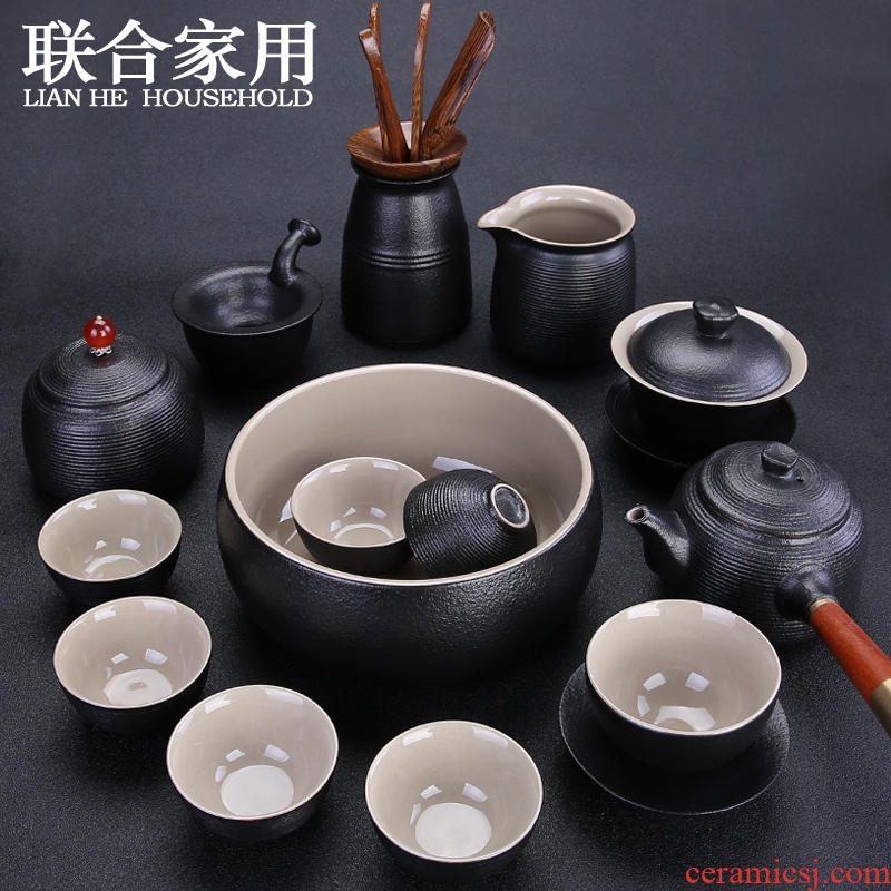 To be household contracted tea suit black ceramic kung fu tea set a complete set of coarse pottery teapot teacup tureen teapot