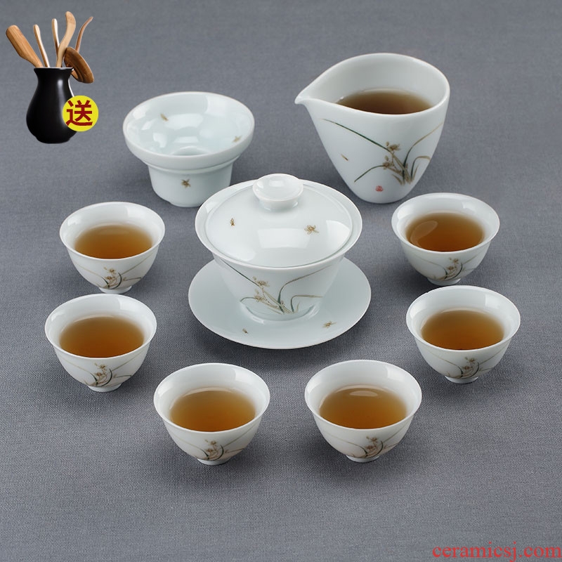 Hand made blue white porcelain tea set a complete set of Chinese kungfu tea home modern ceramic tureen cup 6 gift boxes
