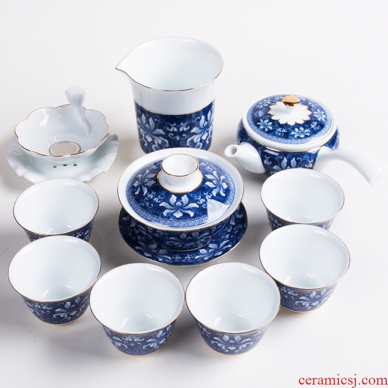 NiuRen blue - and - white kung fu tea set ceramic household whole creative teapot set of tea cups tureen gift boxes