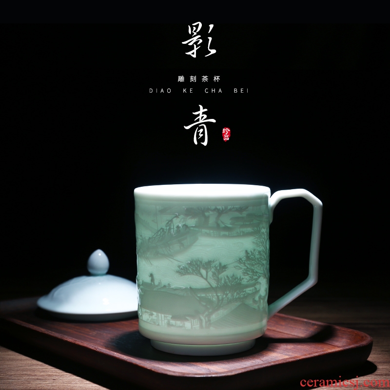 Jingdezhen ceramics with cover manual shadow carving green porcelain gifts home office make tea cup single CPU