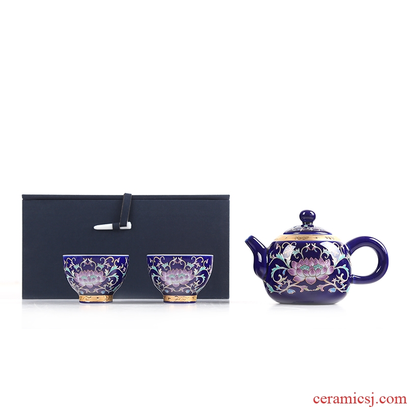 Jingdezhen silver colored enamel crack cup a pot of 2 cup two cups of household ceramics kung fu tea set suit portable travel