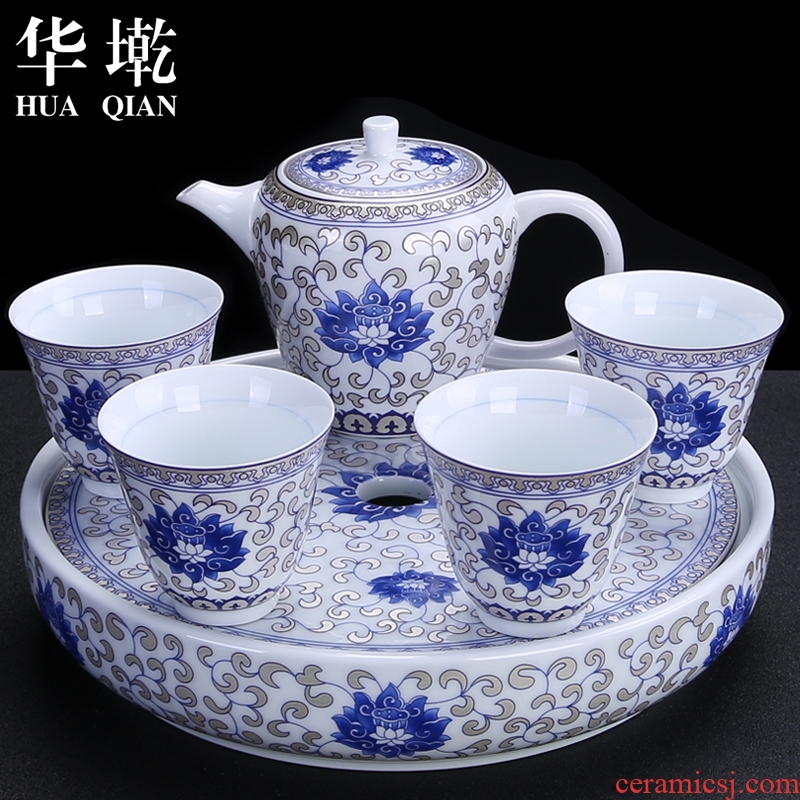 China Qian blue and white porcelain tea set suit household contracted ceramic kung fu tea taking of a complete set of teapot teacup tea tray