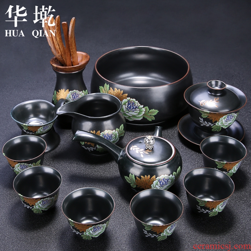 China Qian rust glaze retro kung fu tea set suit household contracted the ceramic side pot sample tea cup of a complete set of blue and white porcelain
