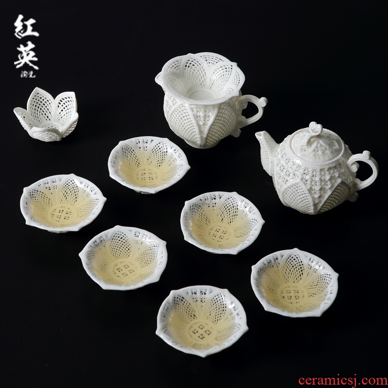 Jingdezhen ceramic kung fu tea set suit household contracted sitting room teapot hand - woven white porcelain tea cups
