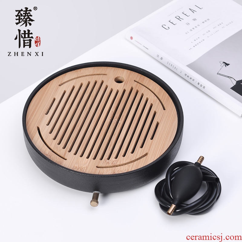 Become precious little black ceramic water drainage double with circular tea tray with simple small kung fu tea tray was dry tea table